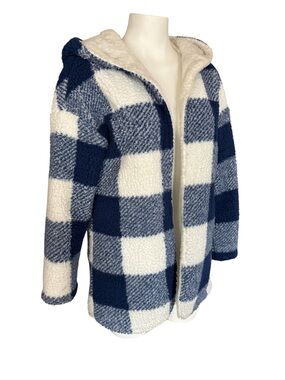 Women’s buffalo plaid Navy/White Ck Sherpa Hoodie Jacket, reversible, Sz M/L